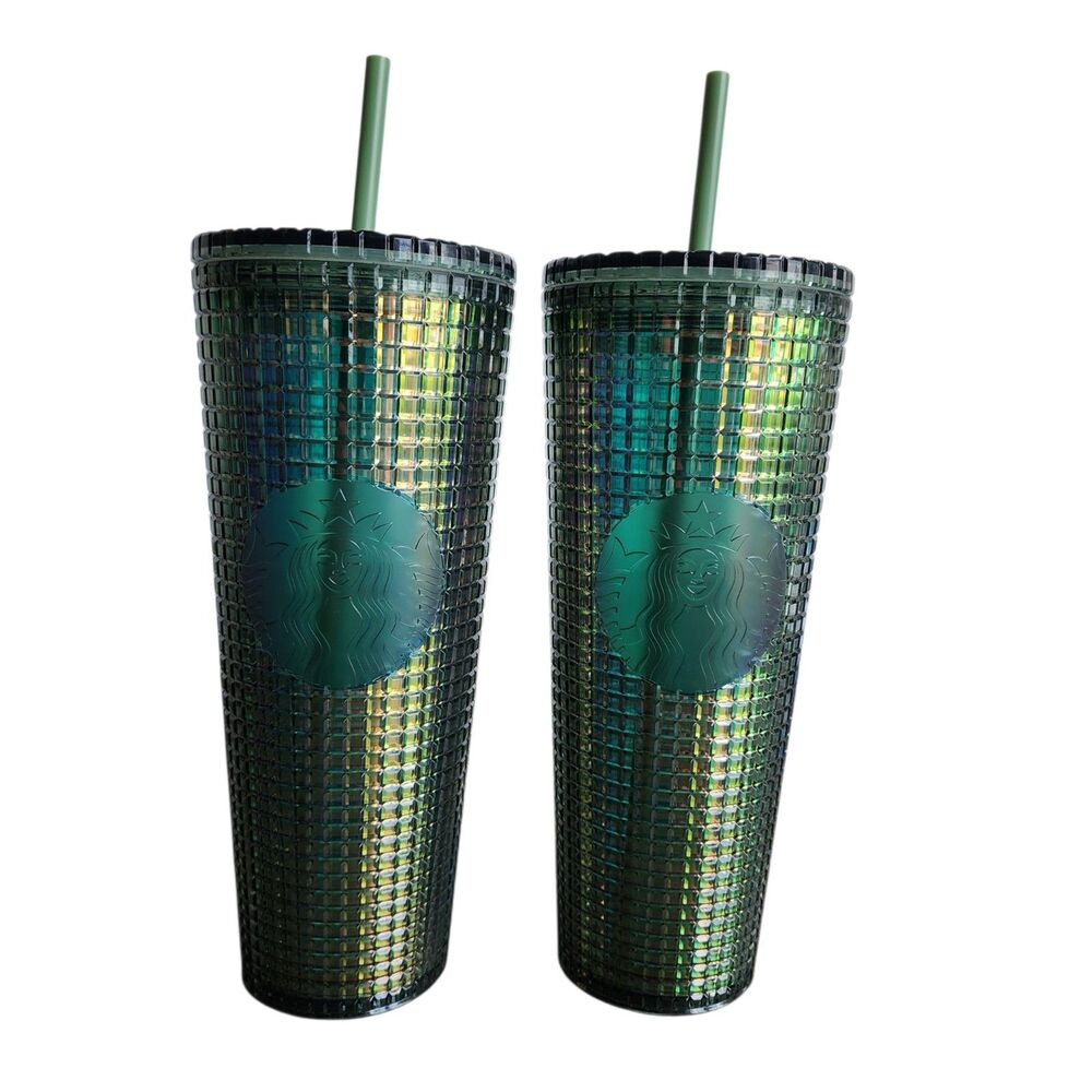 New Set of2 Starbucks Cold Cup Tumblers 24oz Venti Iridescent Green Studded Grid